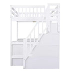 Lit mezzanine pleine grandeur Whisen avec bureau, trois étagères de rangement et escalier de rangement