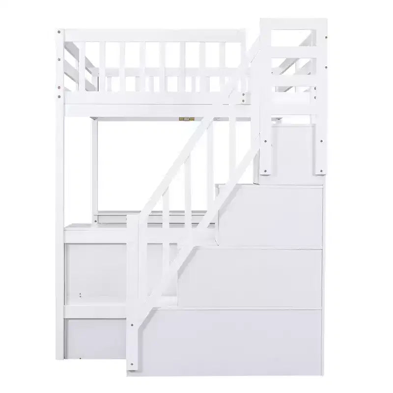 Lit mezzanine pleine grandeur Whisen avec bureau, trois étagères de rangement et escalier de rangement