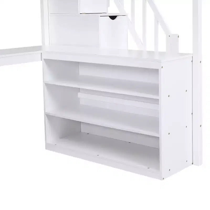 Lit mezzanine pleine grandeur Whisen avec bureau, trois étagères de rangement et escalier de rangement