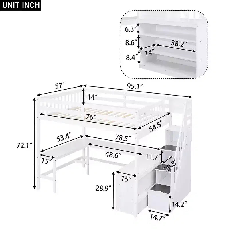 Lit mezzanine pleine grandeur Whisen avec bureau, trois étagères de rangement et escalier de rangement