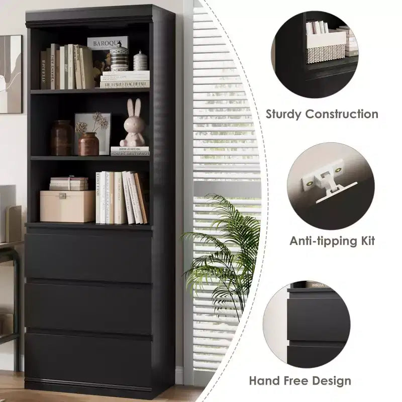 Étagère de 70 pouces avec tiroirs, grande bibliothèque de style rustique, bibliothèques profondes en bois, meuble de rangement pour le salon, le bureau, la cuisine.