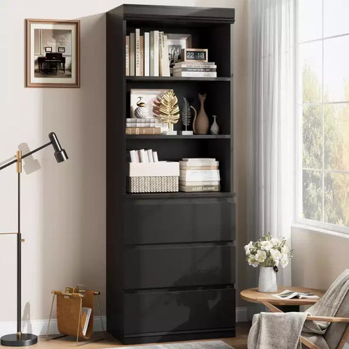 70 Inches Bookcase with Drawers, Tall Bookshelf Farmhouse Bookcases Wooden Deep Bookshelves Storage Cabinet Organizer for Living Room, Study, Kitchen