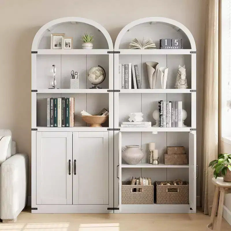 Acekool Bibliothèque à 5 étagères cintrées, étagère de présentation de style ferme en bois de 182 cm de haut, étagère de rangement avec accents métalliques pour salon, bureau, blanc