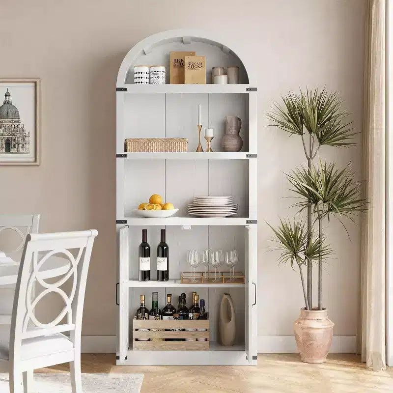 Acekool Bibliothèque à 5 étagères cintrées, étagère de présentation de style ferme en bois de 182 cm de haut, étagère de rangement avec accents métalliques pour salon, bureau, blanc