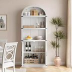 Acekool Bibliothèque à 5 étagères cintrées, étagère de présentation de style ferme en bois de 182 cm de haut, étagère de rangement avec accents métalliques pour salon, bureau, blanc