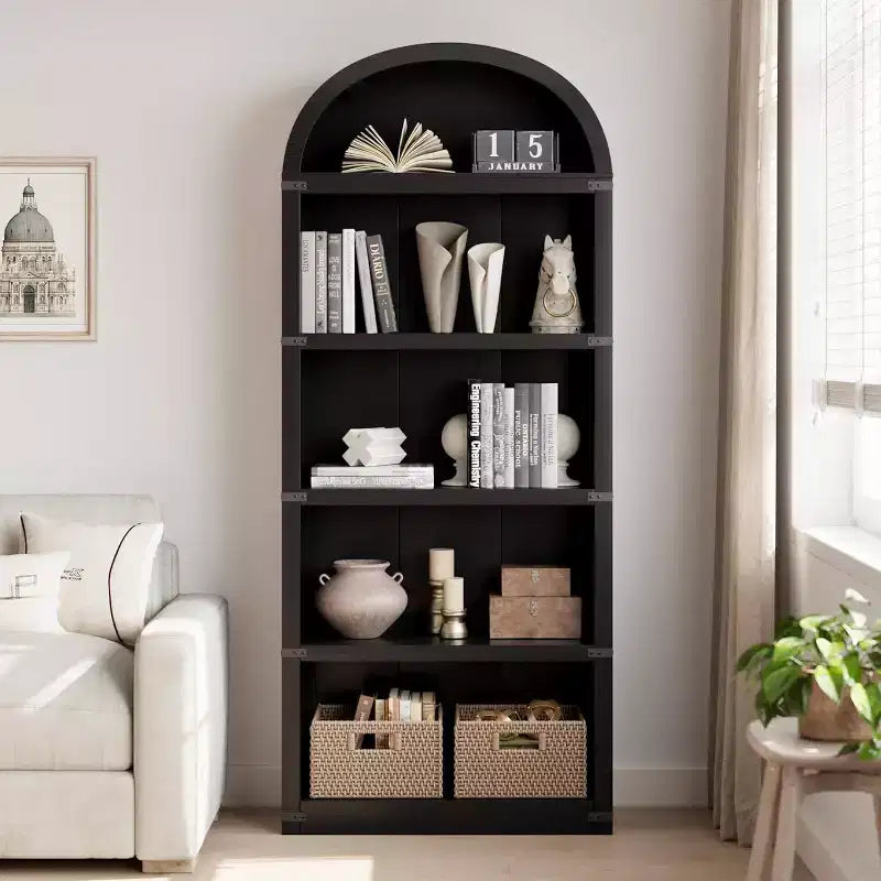 Acekool Bibliothèque à 5 étagères cintrées, étagère de présentation de style ferme en bois de 182 cm de haut, étagère de rangement avec accents métalliques pour salon, bureau, blanc