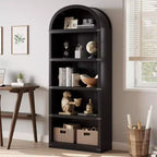 Acekool Bibliothèque à 5 étagères cintrées, étagère de présentation de style ferme en bois de 182 cm de haut, étagère de rangement avec accents métalliques pour salon, bureau, blanc