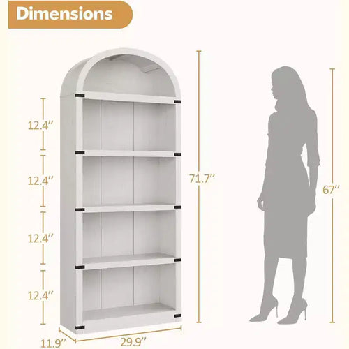 Acekool Bibliothèque à 5 étagères cintrées, étagère de présentation de style ferme en bois de 182 cm de haut, étagère de rangement avec accents métalliques pour salon, bureau, blanc