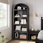 Acekool Bibliothèque à 5 étagères cintrées, étagère de présentation de style ferme en bois de 182 cm de haut, étagère de rangement avec accents métalliques pour salon, bureau, blanc