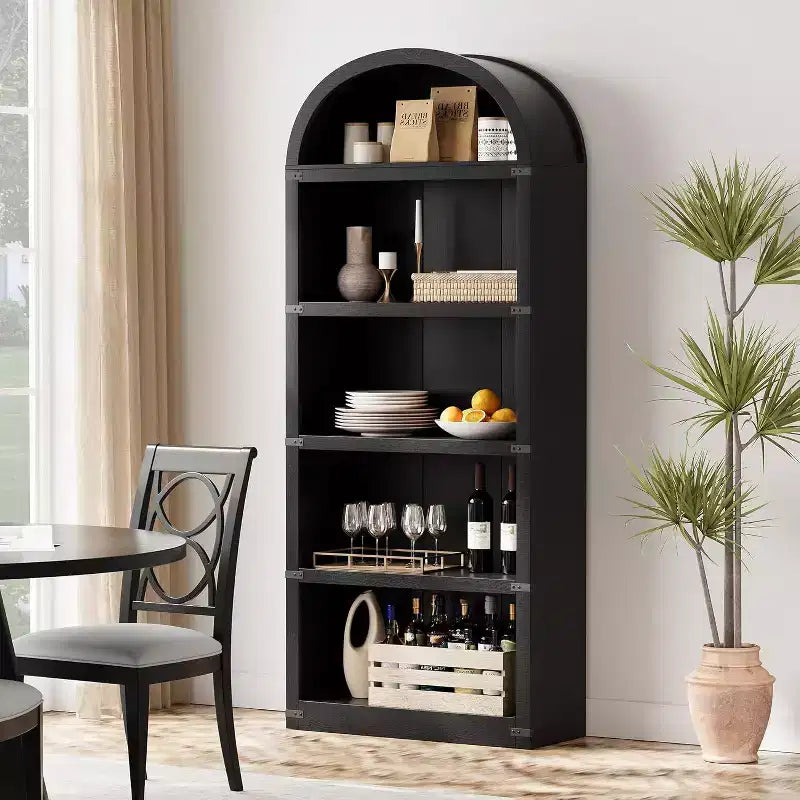 Acekool Bibliothèque à 5 étagères cintrées, étagère de présentation de style ferme en bois de 182 cm de haut, étagère de rangement avec accents métalliques pour salon, bureau, blanc