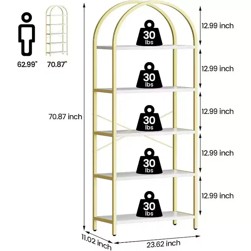 Acekool Bibliothèque à 5 étagères cintrées, étagère de présentation de style ferme en bois de 182 cm de haut, étagère de rangement avec accents métalliques pour salon, bureau, blanc