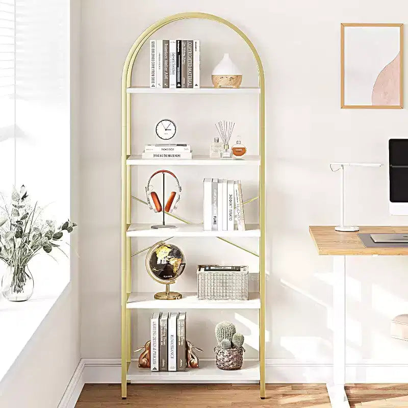 Acekool Bibliothèque à 5 étagères cintrées, étagère de présentation de style ferme en bois de 182 cm de haut, étagère de rangement avec accents métalliques pour salon, bureau, blanc