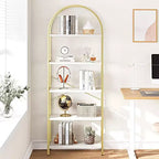 Acekool Bibliothèque à 5 étagères cintrées, étagère de présentation de style ferme en bois de 182 cm de haut, étagère de rangement avec accents métalliques pour salon, bureau, blanc