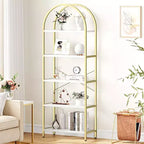 Acekool Bibliothèque à 5 étagères cintrées, étagère de présentation de style ferme en bois de 182 cm de haut, étagère de rangement avec accents métalliques pour salon, bureau, blanc