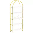 Acekool Bibliothèque à 5 étagères cintrées, étagère de présentation de style ferme en bois de 182 cm de haut, étagère de rangement avec accents métalliques pour salon, bureau, blanc