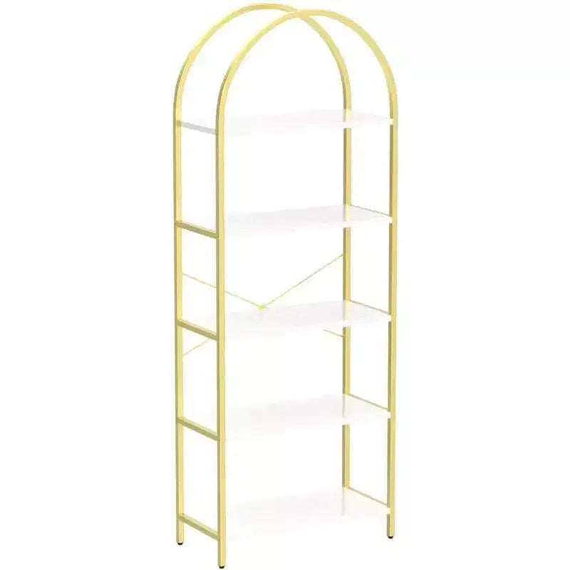 Acekool Bibliothèque à 5 étagères cintrées, étagère de présentation de style ferme en bois de 182 cm de haut, étagère de rangement avec accents métalliques pour salon, bureau, blanc