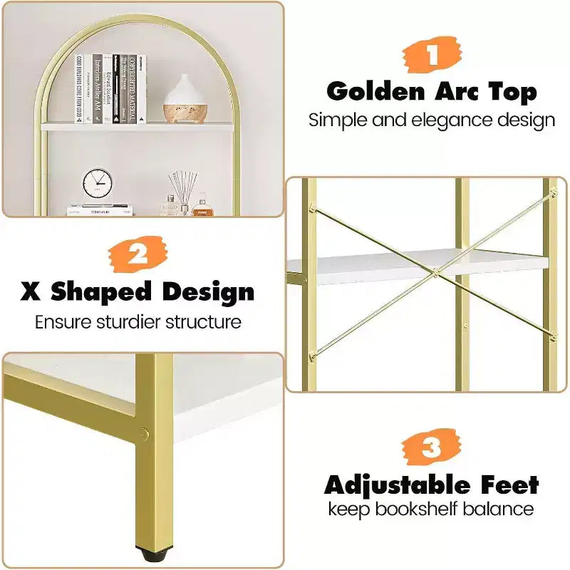 Acekool Bibliothèque à 5 étagères cintrées, étagère de présentation de style ferme en bois de 182 cm de haut, étagère de rangement avec accents métalliques pour salon, bureau, blanc