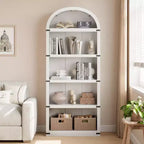 Acekool Bibliothèque à 5 étagères cintrées, étagère de présentation de style ferme en bois de 182 cm de haut, étagère de rangement avec accents métalliques pour salon, bureau, blanc