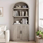 Acekool Bibliothèque à 5 étagères cintrées, étagère de présentation de style ferme en bois de 182 cm de haut, étagère de rangement avec accents métalliques pour salon, bureau, blanc