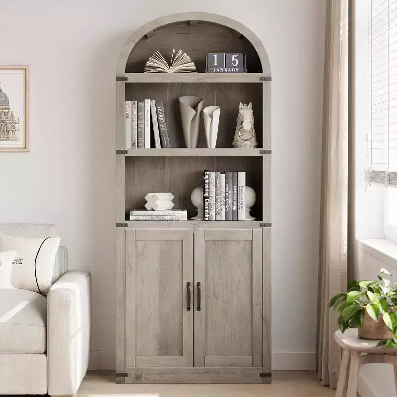 Acekool Bibliothèque à 5 étagères cintrées, étagère de présentation de style ferme en bois de 182 cm de haut, étagère de rangement avec accents métalliques pour salon, bureau, blanc