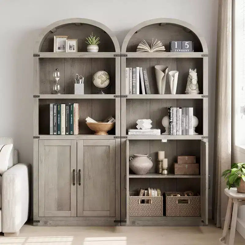 Acekool Bibliothèque à 5 étagères cintrées, étagère de présentation de style ferme en bois de 182 cm de haut, étagère de rangement avec accents métalliques pour salon, bureau, blanc