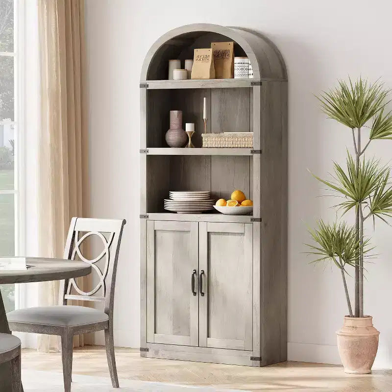 Acekool Bibliothèque à 5 étagères cintrées, étagère de présentation de style ferme en bois de 182 cm de haut, étagère de rangement avec accents métalliques pour salon, bureau, blanc