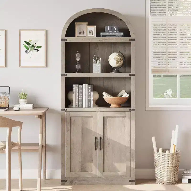 Acekool Bibliothèque à 5 étagères cintrées, étagère de présentation de style ferme en bois de 182 cm de haut, étagère de rangement avec accents métalliques pour salon, bureau, blanc
