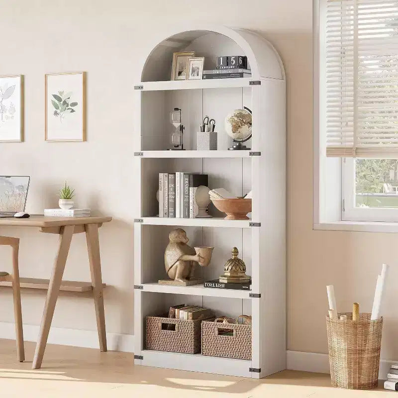 Acekool Bibliothèque à 5 étagères cintrées, étagère de présentation de style ferme en bois de 182 cm de haut, étagère de rangement avec accents métalliques pour salon, bureau, blanc