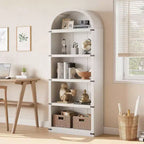 Acekool Bibliothèque à 5 étagères cintrées, étagère de présentation de style ferme en bois de 182 cm de haut, étagère de rangement avec accents métalliques pour salon, bureau, blanc