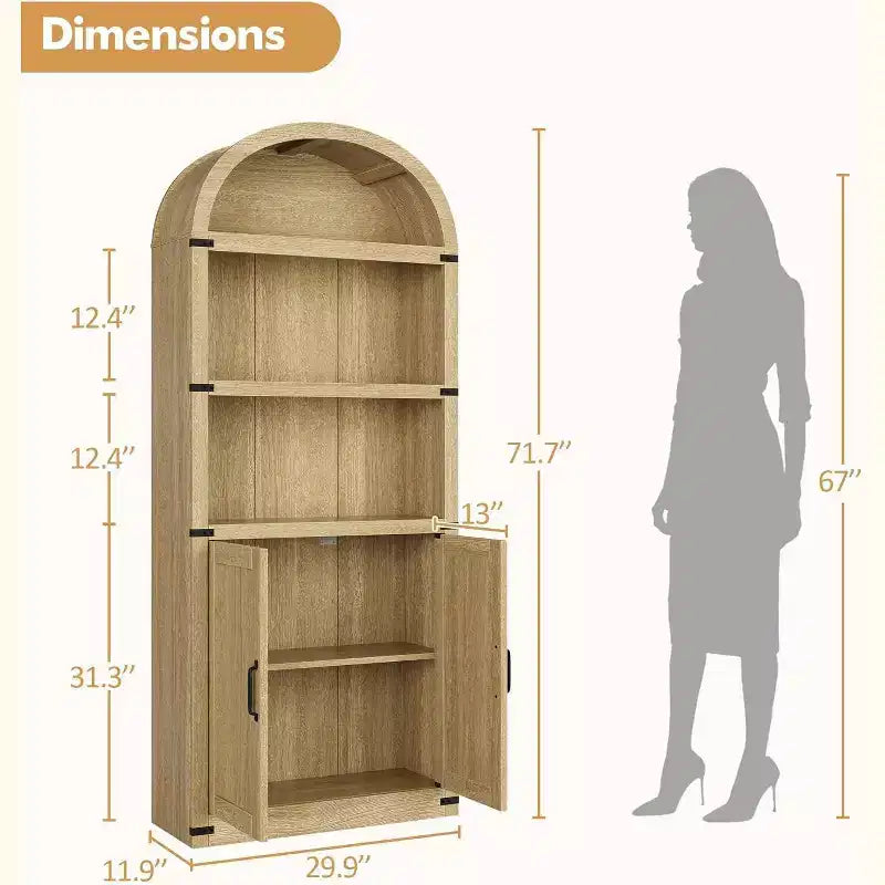 Acekool Bibliothèque à 5 étagères cintrées, étagère de présentation de style ferme en bois de 182 cm de haut, étagère de rangement avec accents métalliques pour salon, bureau, blanc