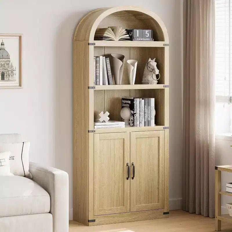 Acekool Bibliothèque à 5 étagères cintrées, étagère de présentation de style ferme en bois de 182 cm de haut, étagère de rangement avec accents métalliques pour salon, bureau, blanc