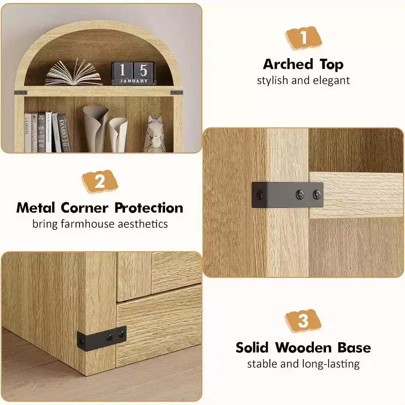 Acekool Bibliothèque à 5 étagères cintrées, étagère de présentation de style ferme en bois de 182 cm de haut, étagère de rangement avec accents métalliques pour salon, bureau, blanc