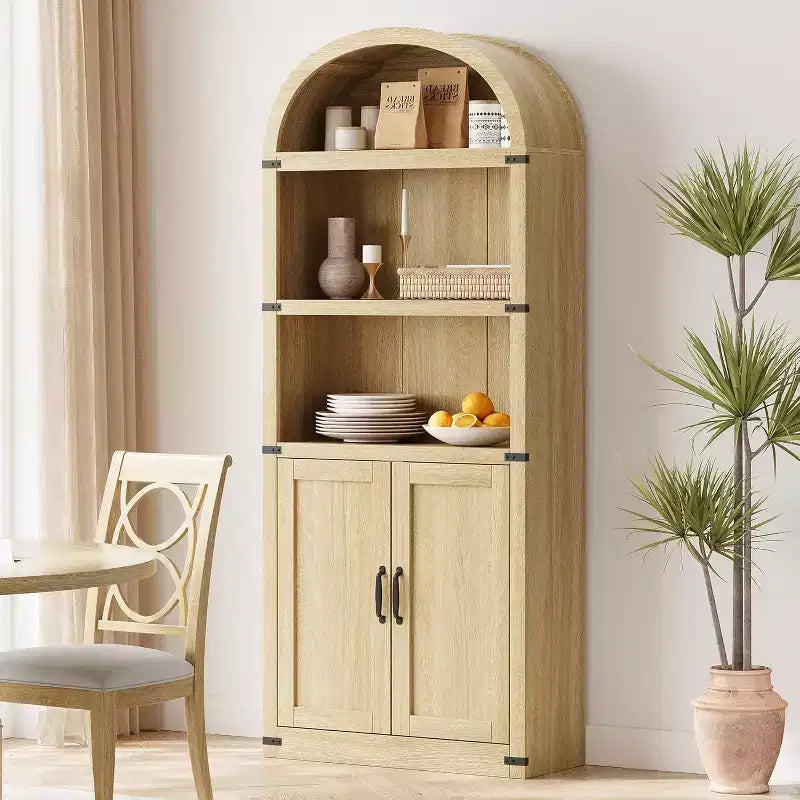 Acekool Bibliothèque à 5 étagères cintrées, étagère de présentation de style ferme en bois de 182 cm de haut, étagère de rangement avec accents métalliques pour salon, bureau, blanc