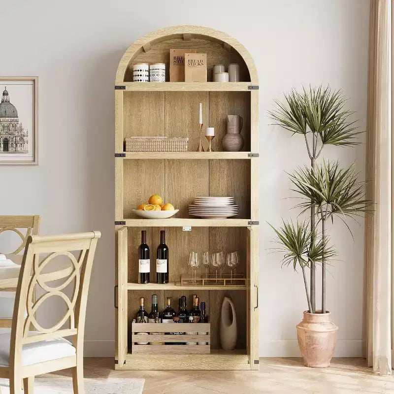 Acekool Bibliothèque à 5 étagères cintrées, étagère de présentation de style ferme en bois de 182 cm de haut, étagère de rangement avec accents métalliques pour salon, bureau, blanc