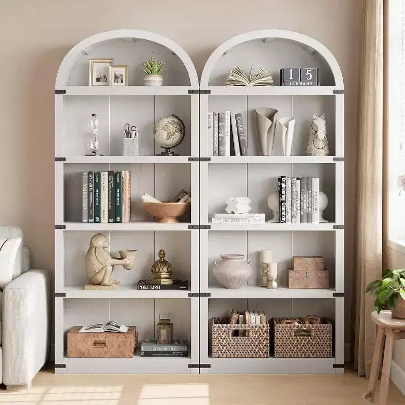 Acekool Bibliothèque à 5 étagères cintrées, étagère de présentation de style ferme en bois de 182 cm de haut, étagère de rangement avec accents métalliques pour salon, bureau, blanc