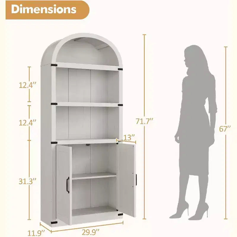 Acekool Bibliothèque à 5 étagères cintrées, étagère de présentation de style ferme en bois de 182 cm de haut, étagère de rangement avec accents métalliques pour salon, bureau, blanc