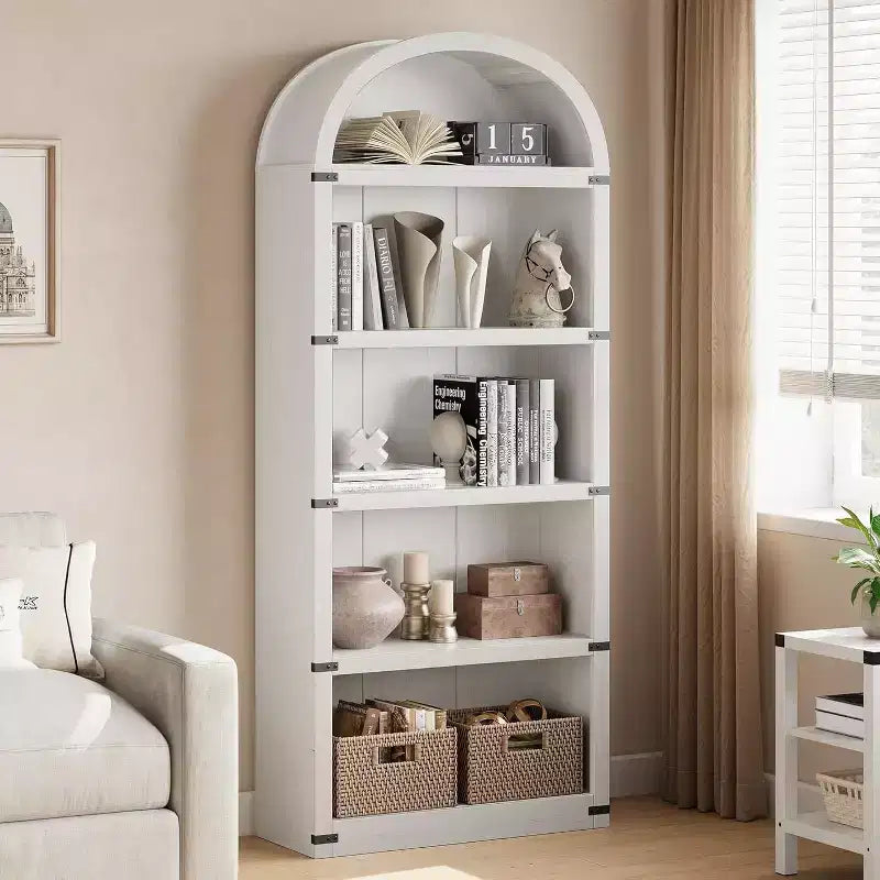 Acekool 5-Shelf Arched Bookcase, 71.65 Tall Wooden Farmhouse Display Bookshelf, Storage Rack with Metal Accents for Living Room, Office, White