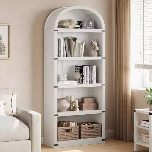 Acekool 5-Shelf Arched Bookcase, 71.65 Tall Wooden Farmhouse Display Bookshelf, Storage Rack with Metal Accents for Living Room, Office, White