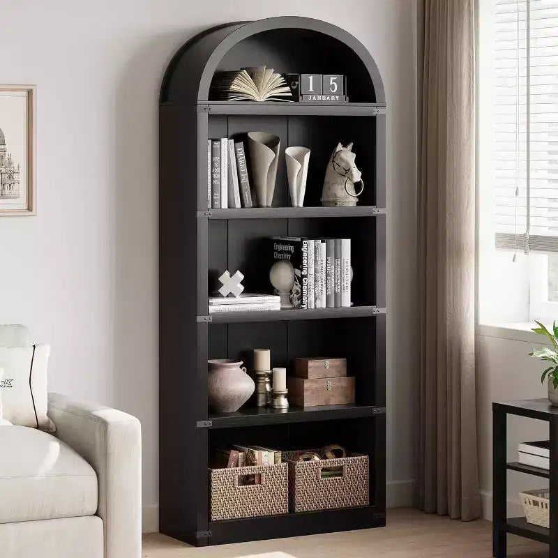 Acekool Bibliothèque à 5 étagères cintrées, étagère de présentation de style ferme en bois de 182 cm de haut, étagère de rangement avec accents métalliques pour salon, bureau, blanc