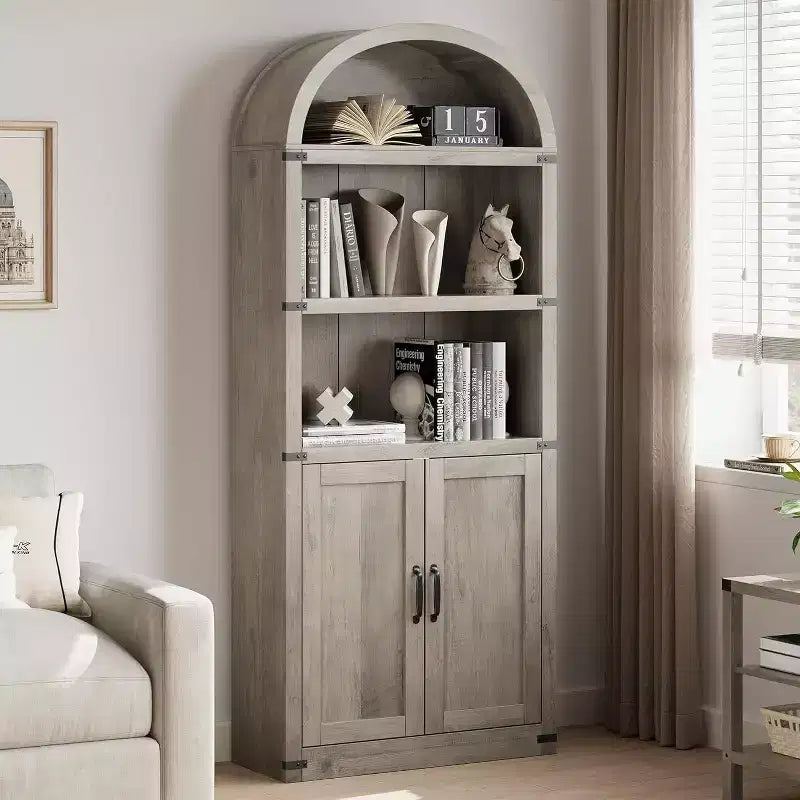 Acekool Bibliothèque à 5 étagères cintrées, étagère de présentation de style ferme en bois de 182 cm de haut, étagère de rangement avec accents métalliques pour salon, bureau, blanc