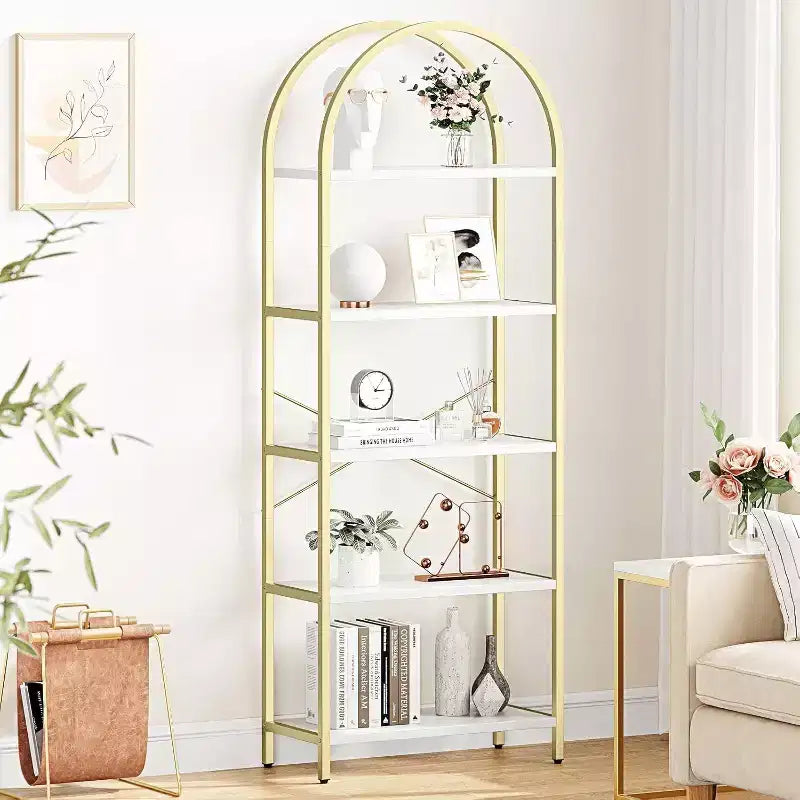 Acekool Bibliothèque à 5 étagères cintrées, étagère de présentation de style ferme en bois de 182 cm de haut, étagère de rangement avec accents métalliques pour salon, bureau, blanc