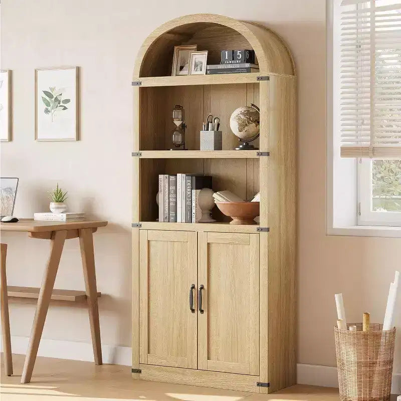 Acekool Bibliothèque à 5 étagères cintrées, étagère de présentation de style ferme en bois de 182 cm de haut, étagère de rangement avec accents métalliques pour salon, bureau, blanc