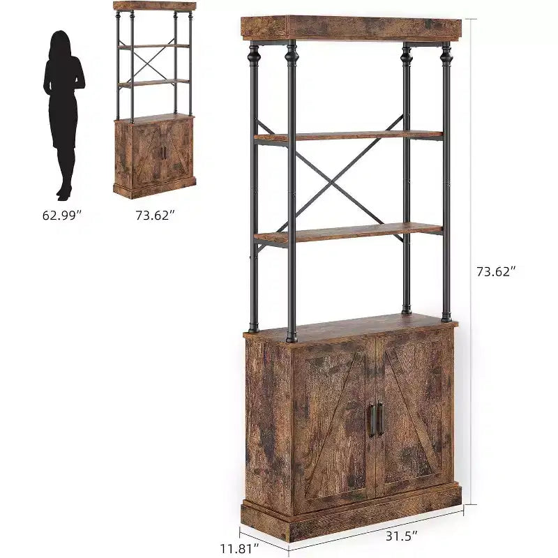 Acekool Grande Bibliothèque avec Portes, Étagère Industrielle à 4 Niveaux, Étagère de Rangement Ferme avec Meuble, Bois et Métal, Style Vintage