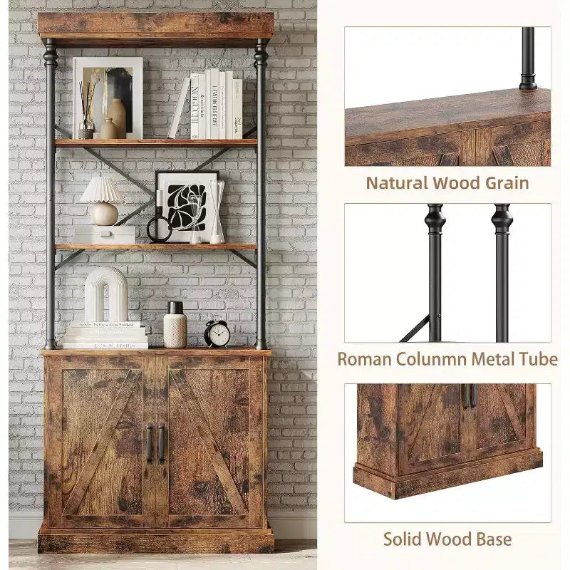 Acekool Grande Bibliothèque avec Portes, Étagère Industrielle à 4 Niveaux, Étagère de Rangement Ferme avec Meuble, Bois et Métal, Style Vintage