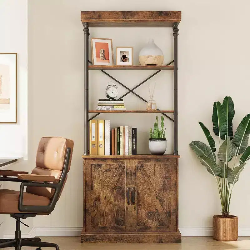 Acekool Grande Bibliothèque avec Portes, Étagère Industrielle à 4 Niveaux, Étagère de Rangement Ferme avec Meuble, Bois et Métal, Style Vintage