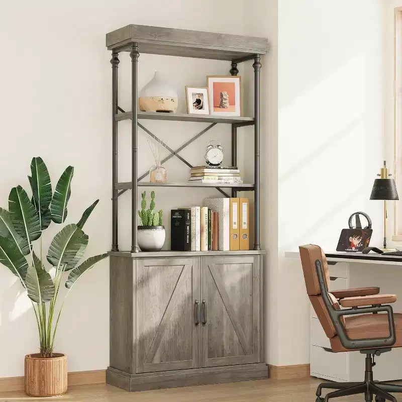 Acekool Grande Bibliothèque avec Portes, Étagère Industrielle à 4 Niveaux, Étagère de Rangement Ferme avec Meuble, Bois et Métal, Style Vintage