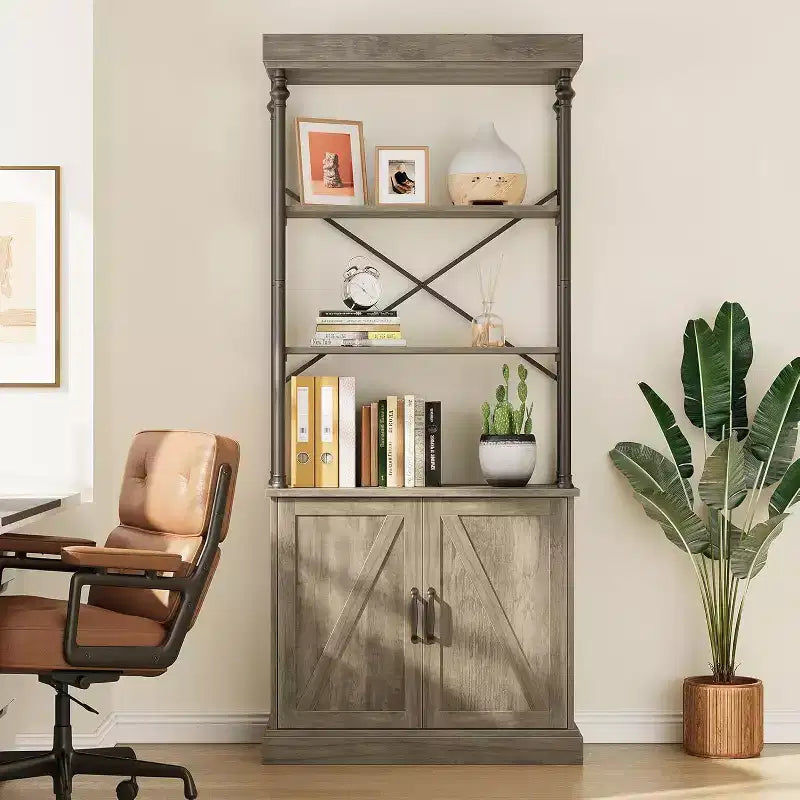 Acekool Grande Bibliothèque avec Portes, Étagère Industrielle à 4 Niveaux, Étagère de Rangement Ferme avec Meuble, Bois et Métal, Style Vintage
