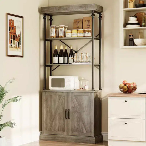 Acekool Tall Bookcase with Doors, 4-Tier Industrial Bookshelf, Farmhouse Storage Shelf with Cabinet, Wood & Metal, Vintage Style