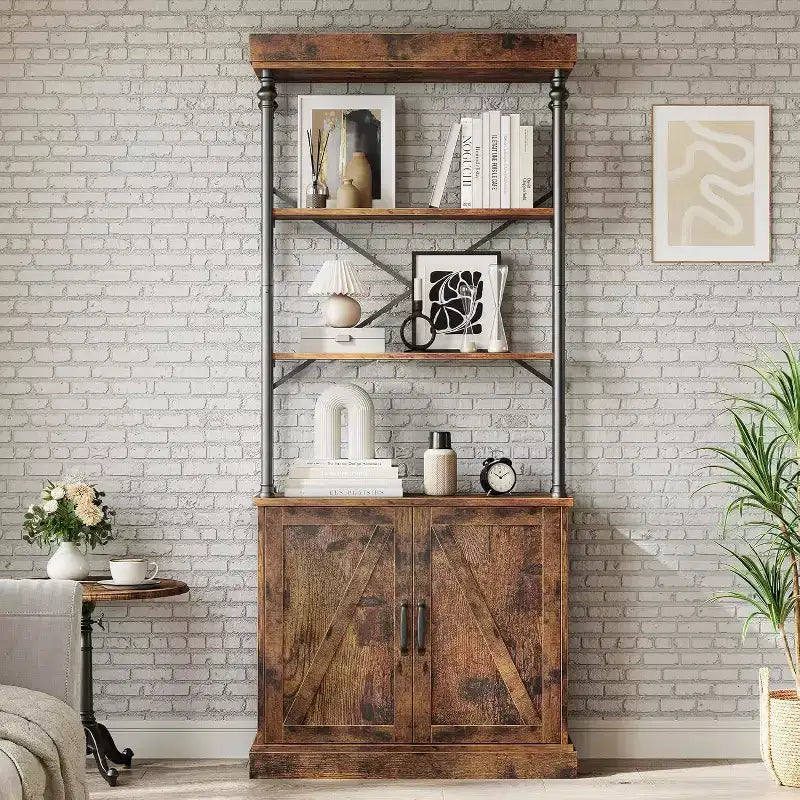 Acekool Grande Bibliothèque avec Portes, Étagère Industrielle à 4 Niveaux, Étagère de Rangement Ferme avec Meuble, Bois et Métal, Style Vintage