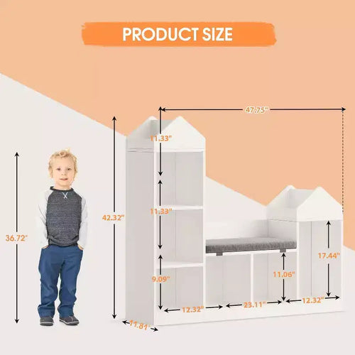 Acekool Étagère et Banc de Rangement pour Enfants, Organisateur à 6 Compartiments avec Coussin d'Assise, Bibliothèque en Bois pour Salle de Jeux, Chambre à Coucher, Coin Lecture
